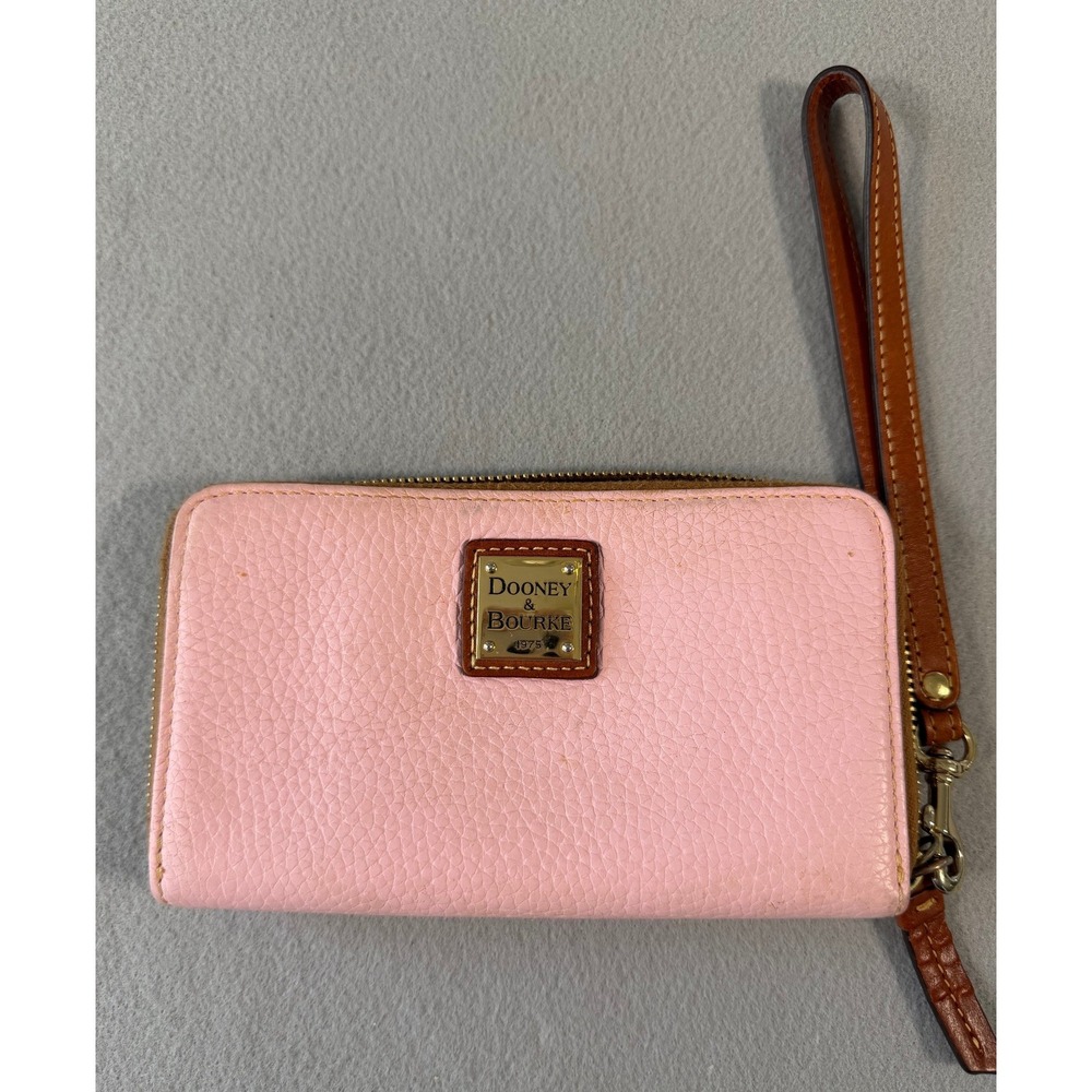 Dooney & Bourke Pink Pebbled Leather Zip Around Wristlet Wallet Brown Trim